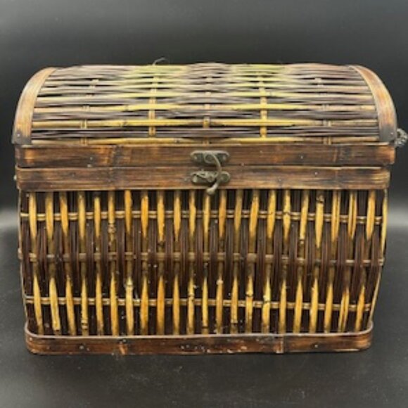Wood and Rattan Woven Storage Chest w/ Hinged Lid, 2 Side Handles & Closure - Picture 1 of 12